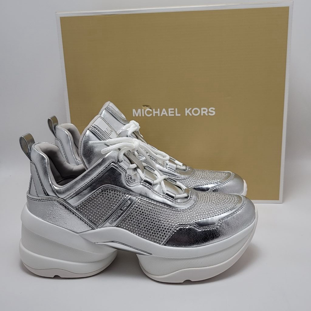 Michael Kors Olympia Extreme Trainer Sneakers Size 9M Crystal Metallic Silver - Picture 1 of 15